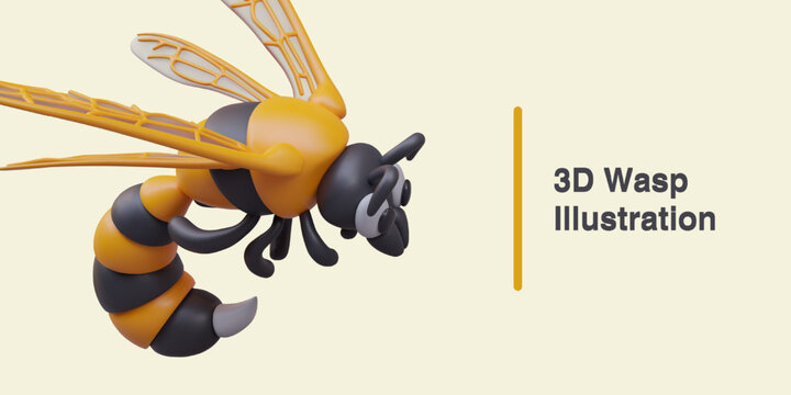 3D wasp with exposed sharp sting. Predatory insect, side view. Horizontal concept on color background. Banner for children zoology website. Insect study lesson