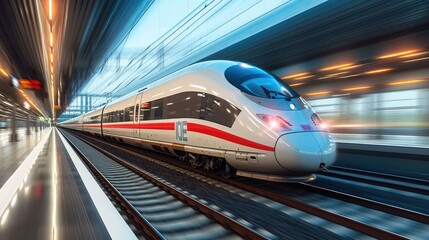 Modern high speed train on a clear day with motion blur. Generative AI. - obrazy, fototapety, plakaty