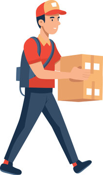 A man is carrying a box and walking with intent in a vector illustration.