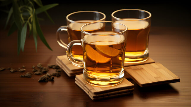 A cup of tea with fresh lemon slices and leaves. This image can be used to depict a refreshing beverage or for concepts related to health, relaxation, 