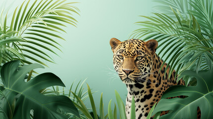 cute jaguar and watercolor jungle - obrazy, fototapety, plakaty