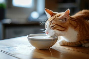 The cat, with its charming whiskers, engages in a sophisticated milk-sipping experience