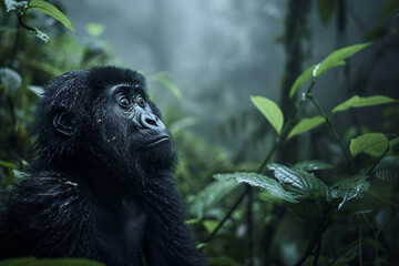 Baby Gorilla in Misty Forest Depth Intelligent Primate Gaze