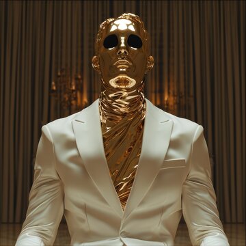 A golden statue of a man in a total white tuxedo. Generative AI.