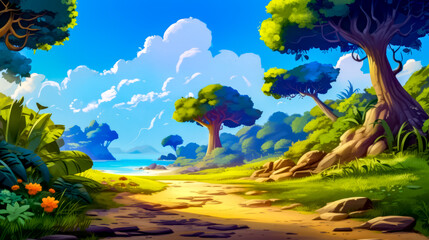Fototapeta na wymiar Cartoon landscape with path leading to lake and trees on sunny day.