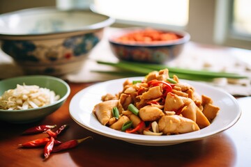 sliced ginger root beside a dish of kung pao chicken - obrazy, fototapety, plakaty