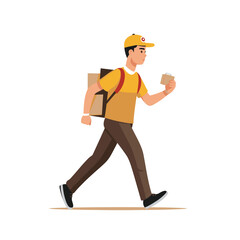 A delivery man walks briskly while checking a message on his phone in this vector illustration.