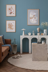 Interior design of elegant composition living room interior with mock up poster frame, stylish...