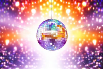 Fototapeta na wymiar Disco or mirror ball with rainbow on colorful background with lights and sparkles. Music and dance party background. Trendy party symbol. Abstract retro 80s and 90s concept