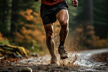 Person running in the forest. Runners who run in the forest have a lot of mud splashing on their shoes. Trail running - obrazy, fototapety, plakaty