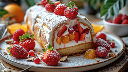 Sponge cake roll with cream, Strawberries and orange fruits on a white plate on wooden table...