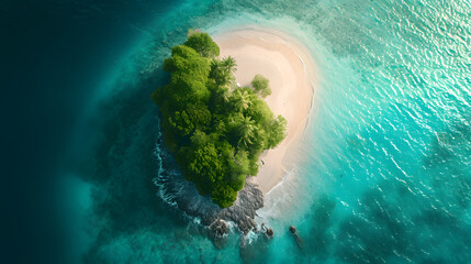 Aerial view of tropical island with sandy beach and palm trees - obrazy, fototapety, plakaty