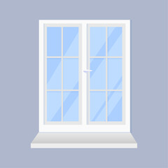 Illustration of white windows on a blue background with different views of city buildings. View of the city during the day, at night and when it gets dark. An ordinary window.