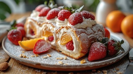 Sponge cake roll with cream, Strawberries and orange fruits on a white plate on wooden table background. Generative AI.
