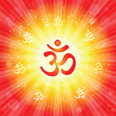 Om or Aum Indian sacred sound. The symbol of the divine triad of Brahma, Vishnu and Shiva. The sign of the ancient mantra. Om sign in shiny galactic space. Sun. Sunburst Pattern.