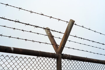 Barbed wire fence set against gray winter sky, no people