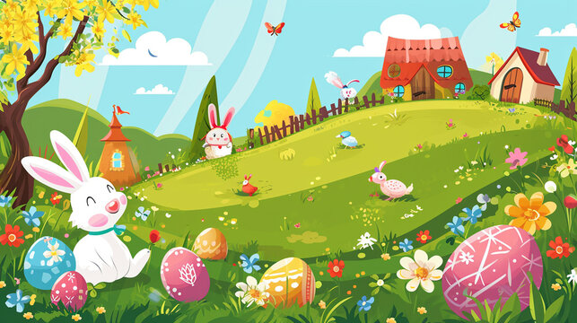 Easter Garden Party: Vector stickers depicting a charming Easter garden party scene with characters, flowers, and festive decorations, creating a joyful and inviting atmosphere, ea