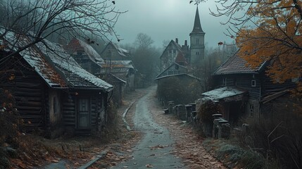 The small village is quiet and still, Small village weird and scary atmosphere. Generative AI.
