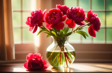red peonies in a transparent vase. bright modern interior, large window in the background. 