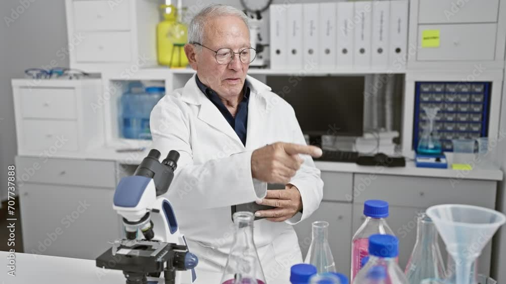 Poster Steely-eyed senior man, a seasoned scientist standing firm in the bustling lab, pointing assertively at a touchpad. amid glowing test tubes and whirring computers, he's immersed in serious research.