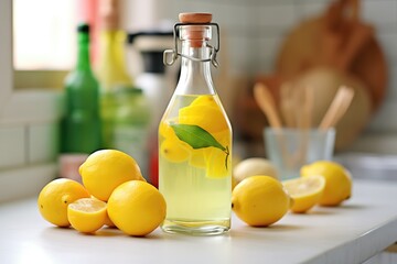 transparent bottle of limoncello with fresh lemons