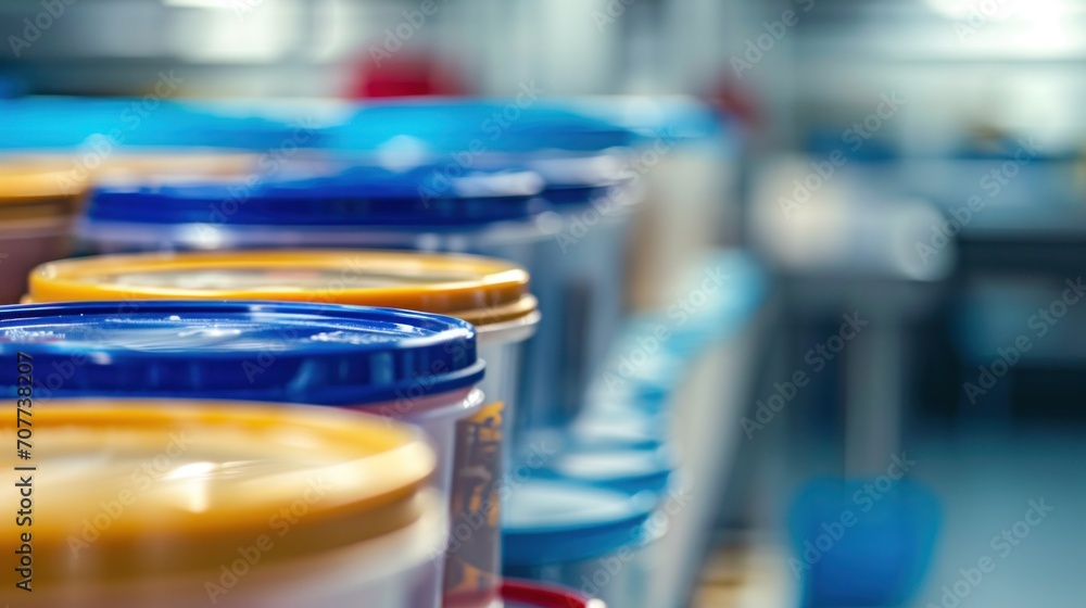 Poster a row of containers with different colored lids on them, ai