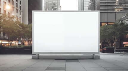 A blank white billboard on a city street with a commercial building in background. 