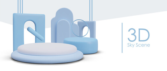 Sky scene. Horizontal banner with 3D figures, podiums, arches, futuristic elements