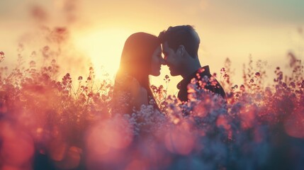 Valentine sweet couple at flower field in the morning sunrise. - obrazy, fototapety, plakaty