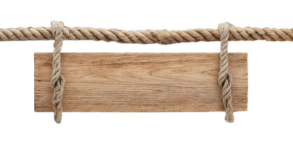 Wooden sign with ropes isolated on transparent background, png
