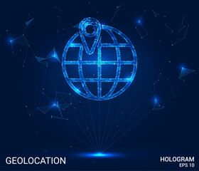 Geolocation hologram. The geolocation planet consists of polygons, triangles of dots and lines. The geolocation icon with a low-poly connection structure. The vector of the technology concept.