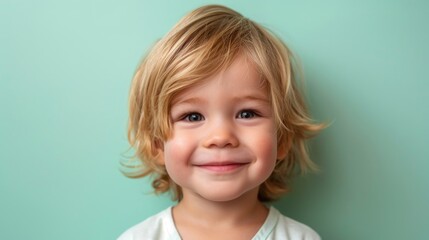Portrait of a little boy with blond hair with a smile on his face, highlighted