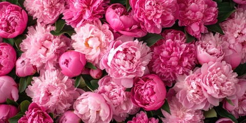 Pink peony flower bouquet as a background, top view