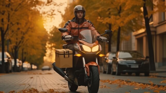 parcel delivery by motorbike in the evening. Delivery service man ride a Motercycle of Shopee Food.