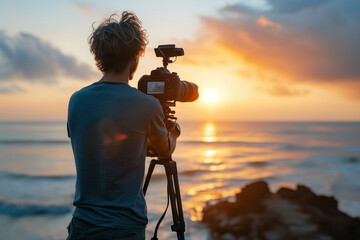 Travel local content creator in front of a camera. Blogger recording streaming on social media and networks.