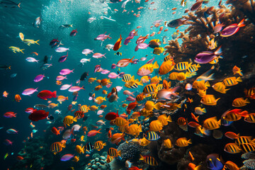Vibrant Tropical Fish Swarm Coral Reef Underwater Diversity