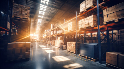 Modern warehouse of finished products in cardboard boxes, background. Industrial storage concept, copy space. Logistics.