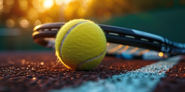 Banner photo of tennis ball at tennis racket, Medium close-up, Beautiful lighting. Generative AI.