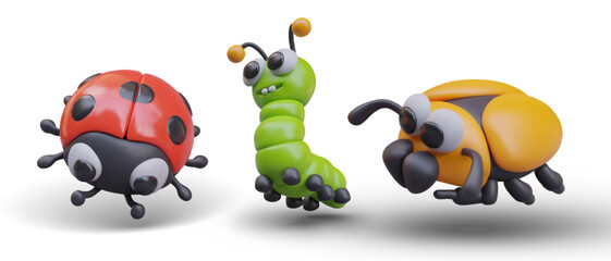 Red ladybug, green caterpillar, yellow beetle. Vector 3D insects for children stories, books, applications. Cute natural creatures. Small inhabitants of Earth