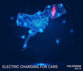 Hologram electric charging for cars. Electric charging for cars made of polygons, triangles of points and lines. Electric charging for cars low-poly connection structure. Technology concept vector.
