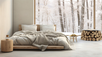 White pillows on a wooden bed in a minimal bedroom interior with plants and accessories. Scandinavian style.
