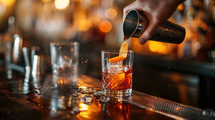 Close-up of a bartender pouring whiskey into a glass with ice cubes - obrazy, fototapety, plakaty