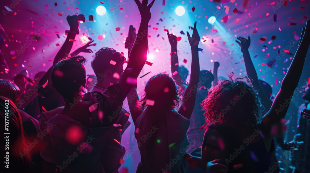 Wall mural dynamic scene of people dancing and celebrating at a party or club with confetti in the air and colo