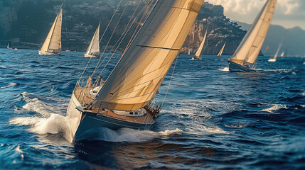 A Sleek sailing yachts racing, Crisp white sails. Generative AI. - obrazy, fototapety, plakaty