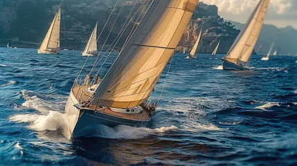 Rolgordijnen A Sleek sailing yachts racing, Crisp white sails. Generative AI. © visoot