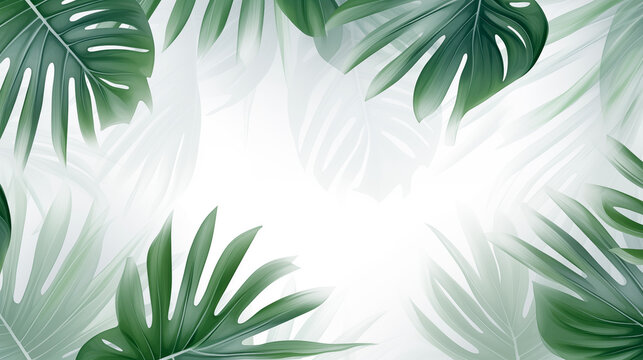 Tropical leaves horizontal banner light template with palm tree isolated on white background. Jungle monstera realistic design for cards, wedding party invitations, save the date