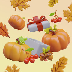 Concept of autumn gifts. Seasonal sales, discounts, bonuses for buyers. Realistic composition on colored background. Thanksgiving Day. Commercial vertical poster