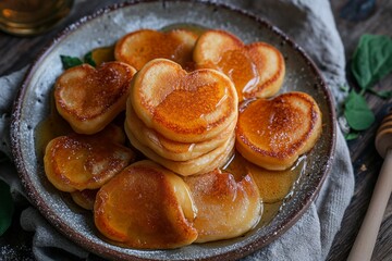 stack of heart-shaped pancakes with honey on a plate. View from above. Served on the kitchen table for breakfast