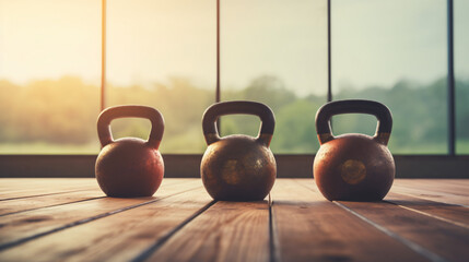 Kettlebells on a wooden platform with soft natural - obrazy, fototapety, plakaty