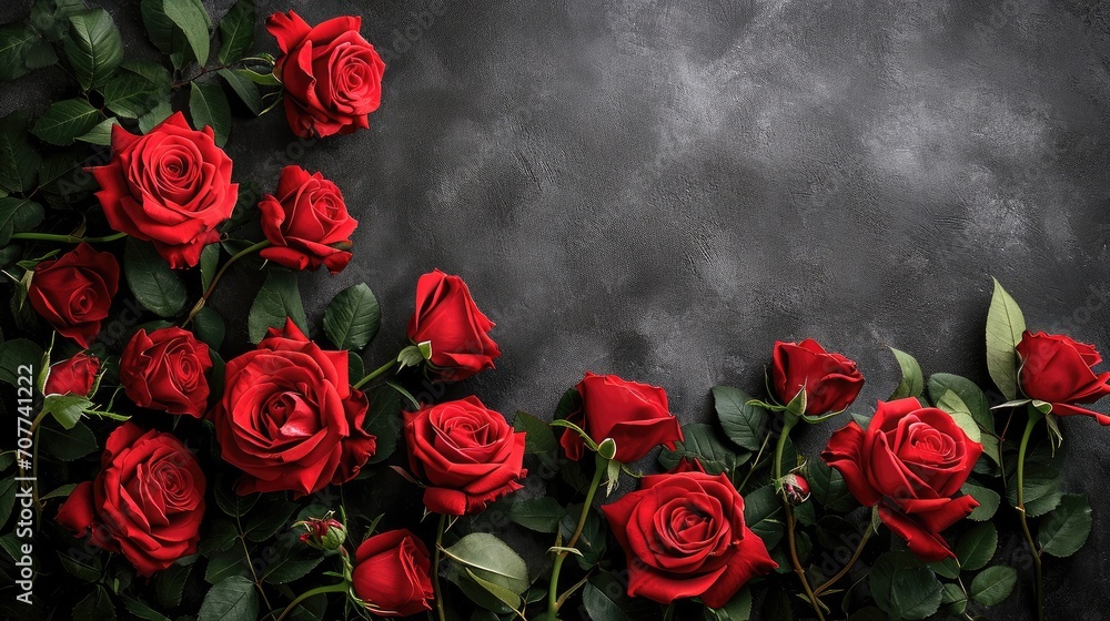 Aufkleber Valentines day border with red roses on black background with copy space, View from above. Generative AI.